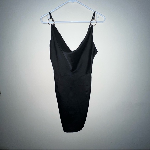 PrettyLittleThing Black Satin Cowl Neck Ring Detail Bodycon Dress Size 6 - Picture 13 of 13